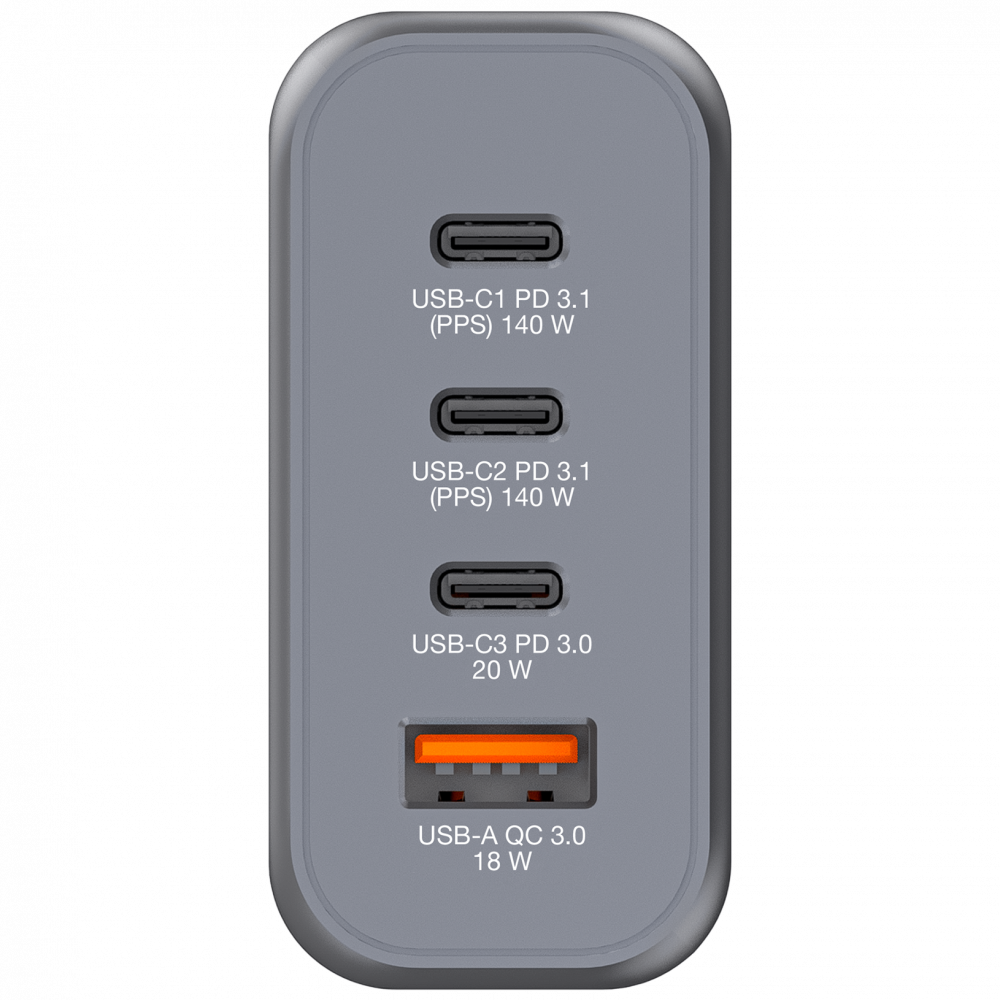 Caricabatteria da parete GaN 4 porte da 140 W 2 x USB-C® PD 140 W / 1 x USB-C® PD 20 W / 1 x USB-A QC 3.0 (UE/UK/USA)