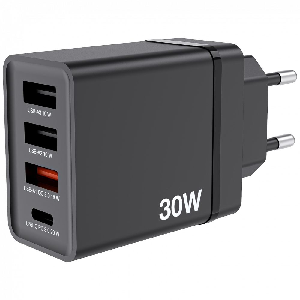 Caricabatteria da parete USB 4 porte 30 W - nero 1 x USB-C® PD 20 W / 1 x USB-A QC 3.0 / 2 x USB-A 10 W (UE)
