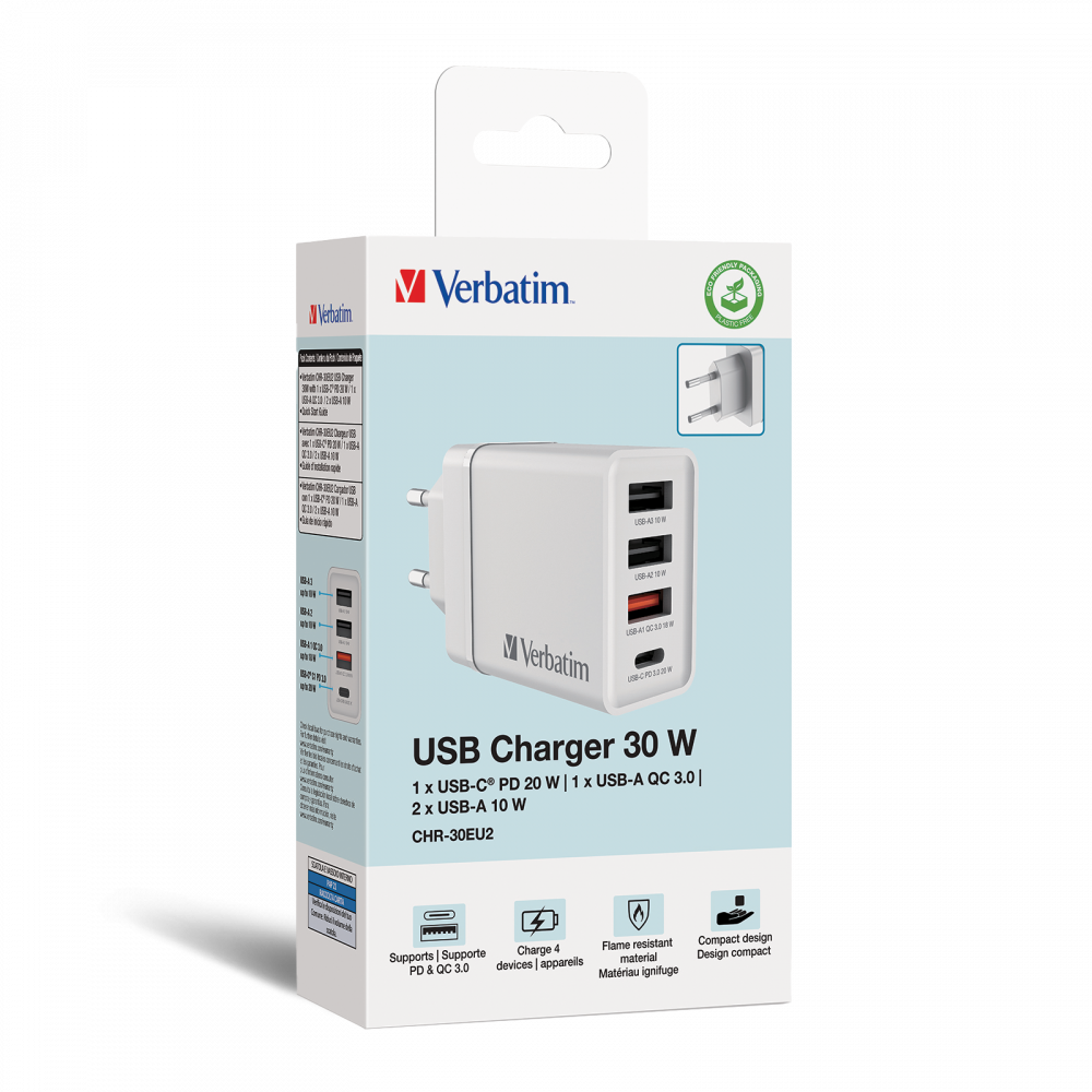 Caricabatteria da parete USB 4 porte 30 W - bianco 1 x USB-C® PD 20 W / 1 x USB-A QC 3.0 / 2 x USB-A 10 W (UE)