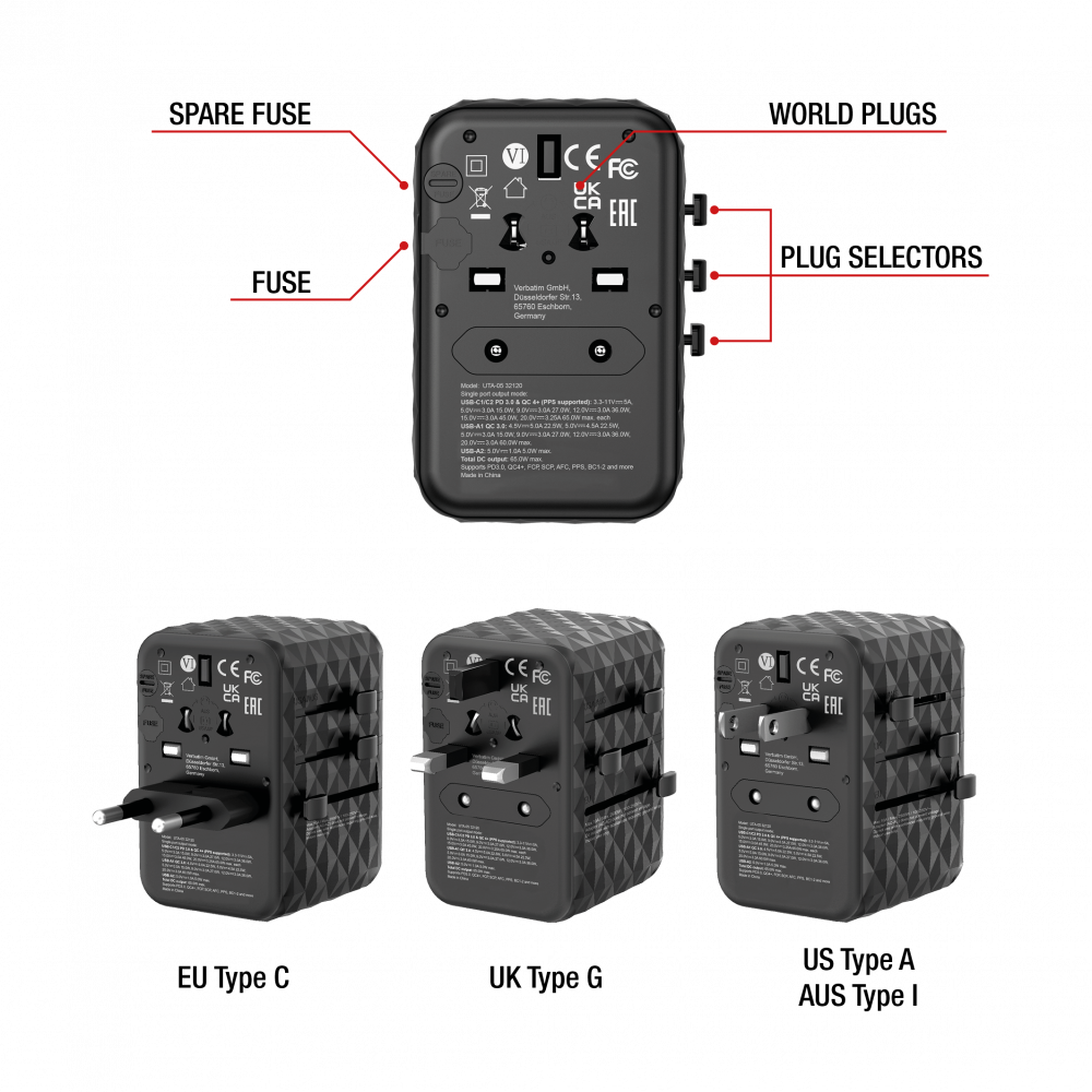 UTA-05 adattatore da viaggio universale GaN III con 2 x porte USB-C PD e QC 4+ e 2 x porte USB-A