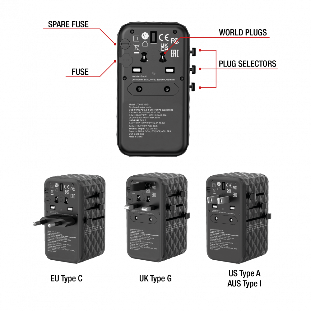 UTA-06 adattatore da viaggio universale GaN III con 2 x porte USB-C PD e QC 4+ e 2 x porte USB-A QC 3.0